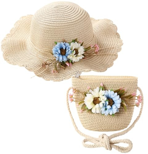 Cappello da Sole per Ragazze e Mini Borsa a Tracolla Set Cappello di Paglia Estivo per Bambini a Tesa Larga Protezione Solare Cappello di Paglia a Fiori per Vacanze Viaggi 2-8 Anni (Paglia, Beige)