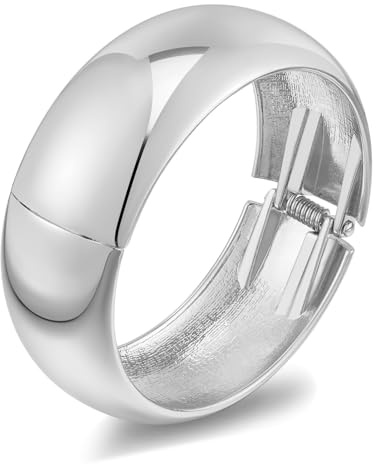 ENSKEFEN Chunky Silver Bangle Bracelets for Women Wide Thick White-Gold Hinged Open Bangle Polished Statement Hinge Bracelets Wrist Wrap Cuff Bracelet