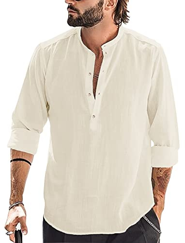 Runcati Camisa de algodón y lino para hombre, manga larga, cuello alto, camisa de playa, camisa de verano, camisas elegantes, beige, L