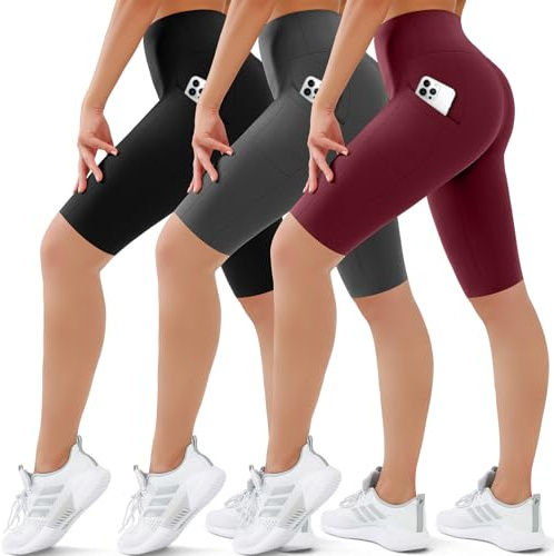 SUNCLOVE 3 Pack Biker Shorts for Women Tummy Control Workout Yoga Gym Running Shorts with Pockets