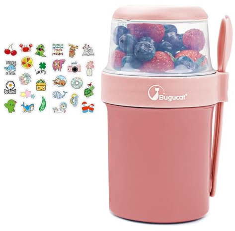 Bugucat Tazza Termica 2 in 1 da 560 ml + 310 ml, Tazza Yogurt e Cereali a Prova di Perdite, Con Tasca e Cucchiaio, Perfetta per Picnic, Insalata, Yogurt To Go