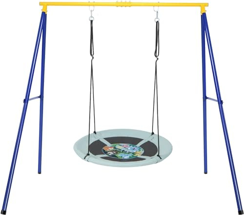 COSTWAY Kids Swing Set, Metal Swing Frame with Nest Swing Seat, Ground Stakes, Carabiners & Foot Caps, Outdoor Swing Set for Playground Garden (Blue Forest)