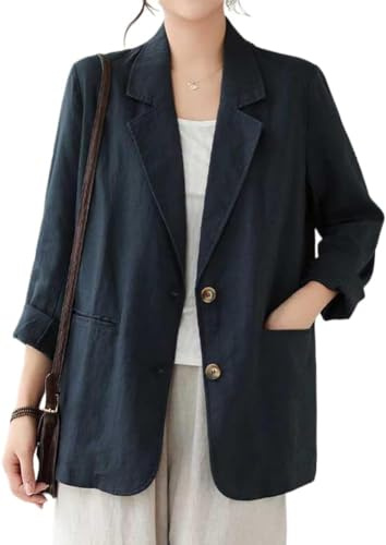 Suncadmious Blazer en Lin en Coton pour Femmes Blazer décontracté 2024 Spring/été à Manches Longues à Manches Longues à Manches Longues à Manches Longues (Bleu Marine,XL)