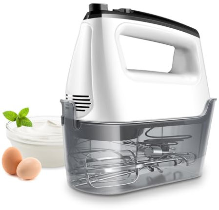 SHARDOR Batidora de Varillas Eléctrica 400W con 6 Velocidades, Batidora Reposteria con 2 Varillas, 2 Ganchos, 1 Batedor de Huevos, Batidor Mezclador y Caja de Almacenamiento con Enganche，Blanco