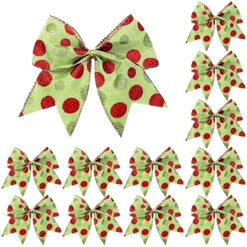 12 Pcs Christmas Tree Bow, Highly Attractive and Practical Red Green Spotted Bow Christmas Decorations, Christmas Tree Decorations Bow Is Suitable for Diy Crafts/Christmas/Parties/Girls' Hair Accessor