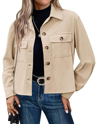 Moda para Mujer Grilletes recortados Pana Chaquetas Cortas con Botones Tops Camisas de Manga Larga Trendy 2024,Almond,L