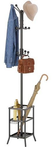 FAVOOSTY Garderobenständer mit Schirmständer, Kleiderständer mit 12 Hooks, Jackenständer Stehend, Coat Rack, Garderobe ständer für Wohnzimmer, Schlafzimmer Schwarz
