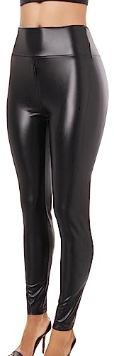 Leggings de piel para mujer, de látex, de piel, con cierre de cremallera, color negro, con aspecto de piel, talla XS, cintura alta, de piel sintética, mate