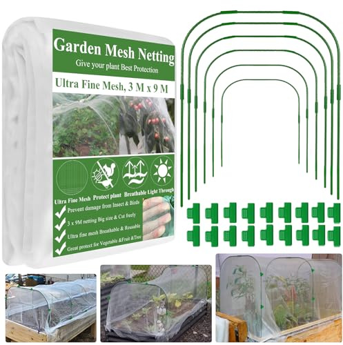 Garden Mesh Netting Kit,3x9M Fine Mesh Netting Pest Barrier with 6 Set Wide Garden Hoops 18 Clips for Bug Net Raised Beds Protect Vegetables Plants Fruits Flowers Plants Cover Net