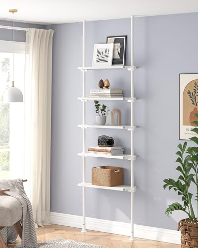 ALLZONE 5 Tiers Narrow Bookshelf, Tall Adjustable Ladder Book Shelf with Open Storage, Floor to Ceiling Tension Mount, Wooden Industrial Bookcase for Living Room, 92 to 116 Inch, White