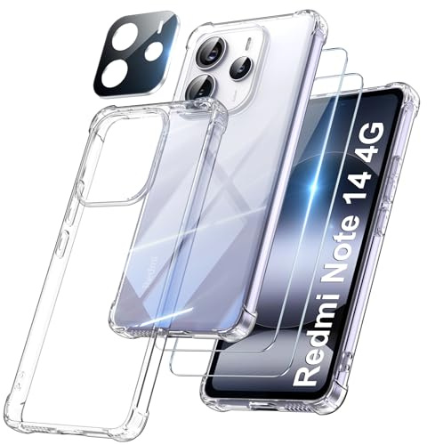 FLLAO 4 en 1 Funda para Xiaomi Redmi Note 14 4G, Transparente | 2 Protector Pantalla y 1 Protector Lente Cámara, Almohadilla de Aire integrada, Antigolpes Antiarañazos Capa Carcasa