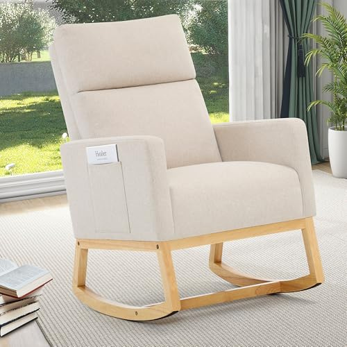 XH. Easy Go Schaukelstuhl fürs Kinderzimmer Schaukelsessel Stillsessel mit Hoher Rückenlehne, Stillstuhl Leinen Schaukelstühle Nursing Rocking Chair für Wohnzimmer und Schlafzimmer,Bis 150 kg, Beige
