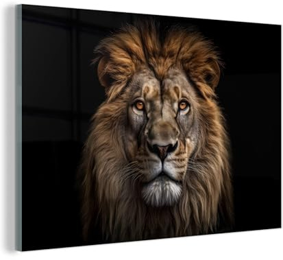 MuchoWow© Glasbilder Wohnzimmer Deko Modern Wandbild Kunstdruck auf Glas | 120x80 cm - Bild Schlafzimmer über Bett Room Decor Geschenke Löwe - Porträt - Tiere - Schwarz