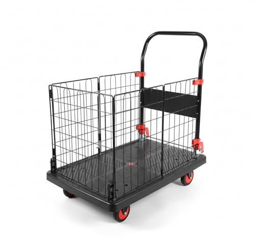 BonKaso 150Kg Foldable Platform Trolley with Basket Cage | Portable Heavy-Duty Plastic Hand Truck with 360° Rotating Wheels Cart for Office, Warehouse & Outdoor (72.5x48.5x98.5cm) Black