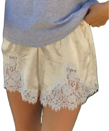 Womens Lace Trim Patchwork Micro Shorts Silk Satin French Knickers Elastic Waist Coquette Lounge Slip Bottoms (Cute Champagne, M)