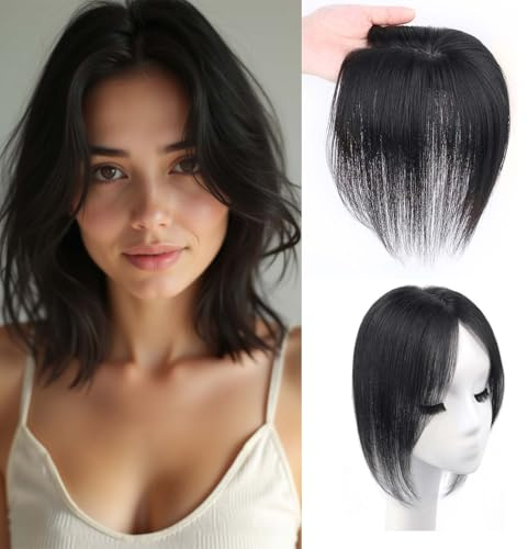 EREE HAIR Topper per tenda con base in seta, con frangia per tenda, 25 cm, capelli lisci, da donna, con attaccatura dei capelli dall'aspetto naturale (6,9 x 9 cm, colore naturale)