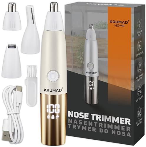 KRUMAD Nasenhaartrimmer Herren 3in1, Wiederaufladbarer Elektrischer Trimmer | mit Digitalanzeige, USB Typ-C, 7000 U/min, Für Nase, Ohren, Augenbrauen & Gesicht, 120 Min, Waschbar & Präzise, USB-Ladekabel