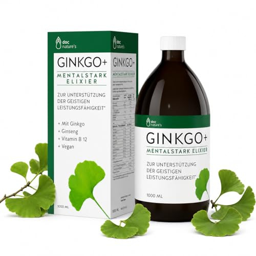 doc nature’s GINKGO+ Mentalstark Elixier, 1000 ml Vitamin B Komplex, unterstützt geistige Leistungsfähigkeit, mit Ginkgo Biloba & Ginseng-Extrakt, Vitamin B12, Pantothensäure & Eisen