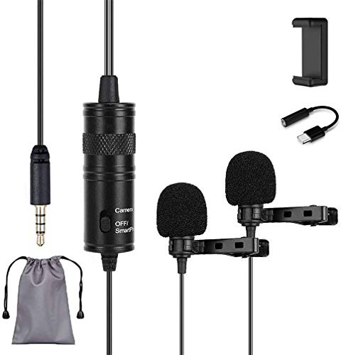 Venidice Dual Lapel Lavalier Mic, Lvd2M Double-head Clip on Omnidirectional Microphone, with 6.3mm Adapter, forAndroid Smartphone, DSLR Mirrorless Camera, Audio Recorder, PC Laptop, 6M Cable