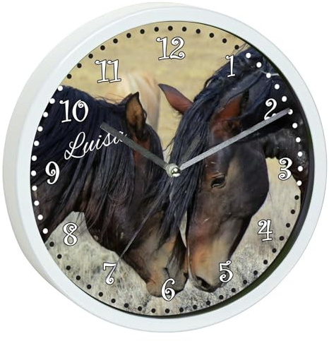 CreaDesign, Wanduhr für Kinderzimmer Paint Horses, Kinderuhr weiß mit Quarz Uhrwerk, personalisiert mit Name, Durchmesser 19,5 cm