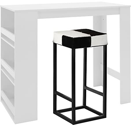 WOMO-DESIGN Bartisch-Set, Stehtisch mit 1 Barhocker Sopron, Tresentisch mit 3-stufigem Regal Weiß 117x106x57 cm, Barstuhl aus echtem Büffelleder Unikat handgefertigt 35x75x35 cm Metall Schwarz/Weiß