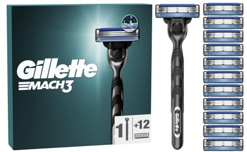 Gillette Rasoir Pour Homme Mach3, Manche Réutilisable En Acier Inoxydable Et12 Cartouches De Recharge A 3 Lames Pour Un Rasage Du Visage Doux, Avec Bande Lubrifiante Pour Protéger La Peau