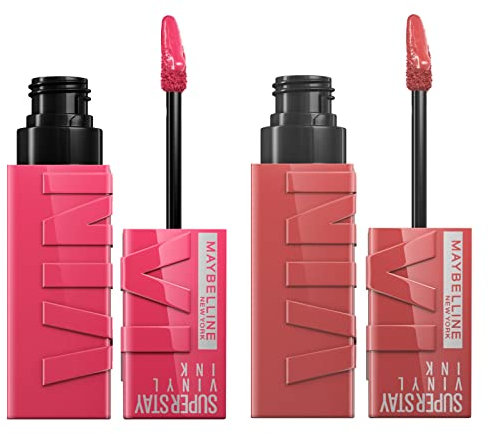 Maybelline New York SuperStay Vinyl Ink Lip Tint Bright Color 35 Cheeky + SuperStay Vinyl Ink Color 20 Coy Finish Luminous – 2 Lippenstifte mit Präzisionsapplikator