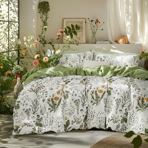 Bedsure PureWoven 100% Cotton Floral Duvet Cover Set, King, Green