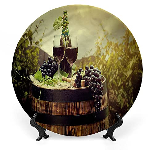LIGUTARS Decorative Plates, Wine Print Ornament, Scenic Tuscany Vineyard, 8 Inch, 1 Plate with 1 Display Stand, Green Black Brown