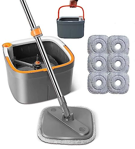 Feloyal Spin Mop e Secchio Set Mocio e Secchio Rotante con 6 Panni Sostituibili in Microfibra con Sistema di Separazione Automatica Dell'acqua Sporca e Pulita, Testa Quadrata Rotante a 360°
