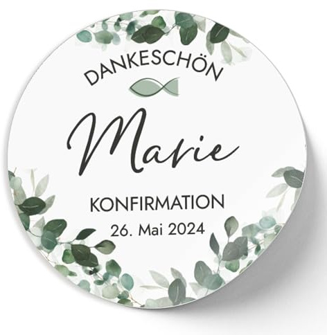 Mimi und Anton KONFIRMATION DANKESCHÖN Aufkleber personalisiert mit deinem Wunschnamen | 12x Sticker rund 5 cm | Vielen Dank Konfirmation Deko Sticker | Eukalyptus Greenery