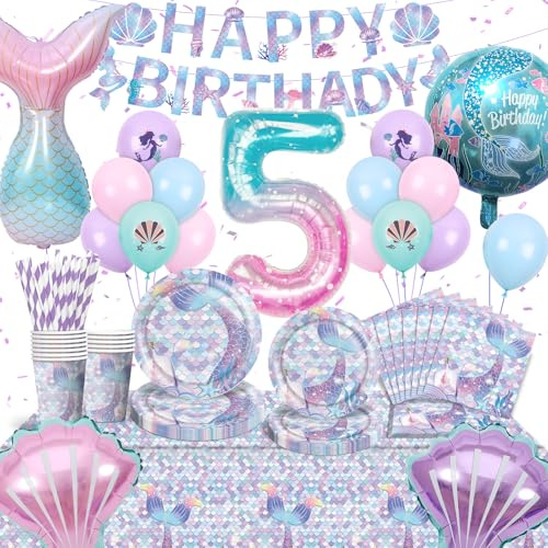 Sjöjungfru födelsedagsdekoration, sjöjungfru festservis set 5 år födelsedagsdekoration flicka barnfödelsedag dekoration babyparty dekoration flicka för 16 gäster