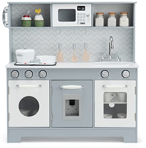 COSTWAY Kinderküche mit Spielzubehör, Licht und Sound, Kinder Spielküche Holz mit Mikrowelle & Wassertank, Spielzeugküche für Kinder ab 3 Jahren, grau, 76 x 28 x 80cm