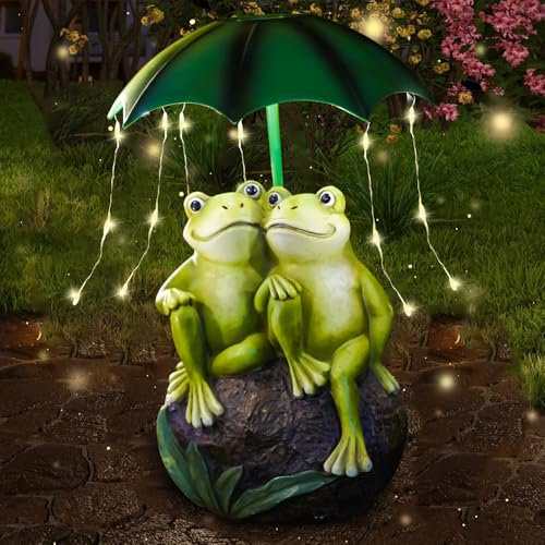 ZOYDP Solar Frog Statues, LED Frog Garden Ornaments Outdoor, Frog and Umbrella Figurine Waterproof LED Lights, Solar Garden Frog Ornament, Frog Ornaments for Patio Balcony Yard Frog Gifts for Women