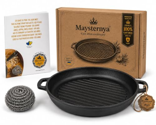 Maysternya Runde Gusseisen Grillpfanne - ø 34 x 4 cm - BBQ-Zubehör - Außenküche - BBQ - Braten - Grillplatte - Matt Schwarz