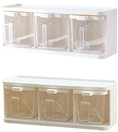 Wayfadacc Gewürzdose, leeres Glas mit 3 Fächern, mit Griff und Löffel, für Küche, Menage, Zuckerspender