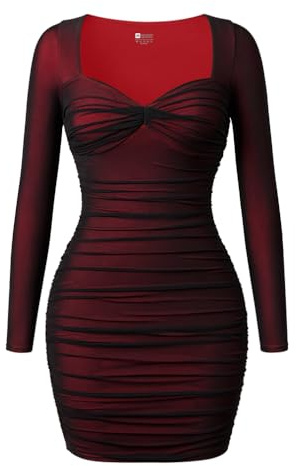 LAGSHIAN Women's Sexy Bodycon Mini Dress Square Neck Long Sleeve Mesh Ruched Party Short Dresses Black Red
