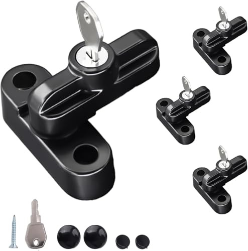 Tissting 4 Pcs Fenstersicherung Schwenkriegel mit 2 Schlüsseln, Schwarz Aluminiumlegierung T Form Fensterschloss Einbruchschutz Sicherheit Schlösser für Einflügelige Fenster, Balkontüren (Schwarz)