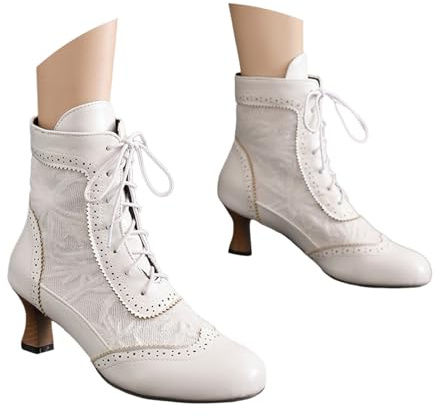 Generisch Lolita - Stivali da donna vintage vittoriani, con lacci, stivaletti da equitazione, con cerniera laterale, con tacco medio, cavaliere, O bianco., 39 EU