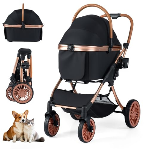 COSTWAY Passeggino Pieghevole per Cani 3 in 1, Carrozzino per Animali con Portapacchi Rimovibile, Tettuccio, Cuscino Rimovibile, Cintura di Sicurezza, Cestino e Portabicchiere, Portata 25 kg
