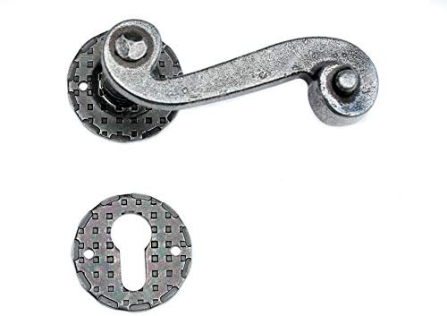 UHRIG Poignées de porte en fer forgé, jeu de poignées en noir antique, paire de poignées de porte avec poignée et rosaces de serrure pour par exemple la porte d’entrée et bien plus encore.