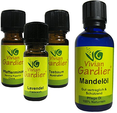 Hausapotheke ätherisches naturreines Öl Geschenkset. 3 x ätherisches Öl a 10ml Teebaum + Lavendel + Pfefferminz + 1 x 50ml Mandelöl Natur pur Im Geschenksäckchen. 50031