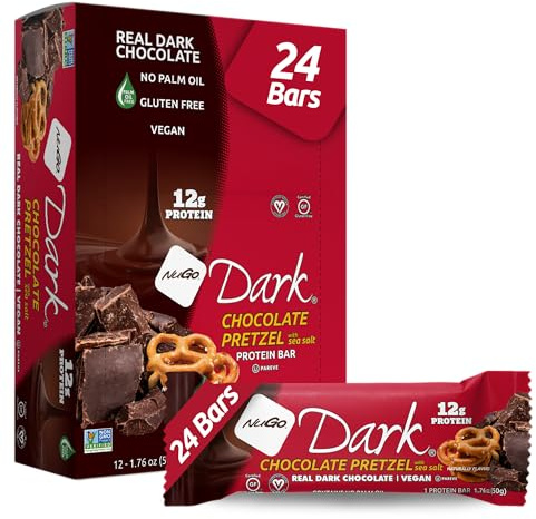 NuGo Dark Chocolate Pretzel with Sea Salt, 12g Protein Bar, Vegan, Gluten Free, Non-GMO, Kosher Pareve, 24 Count