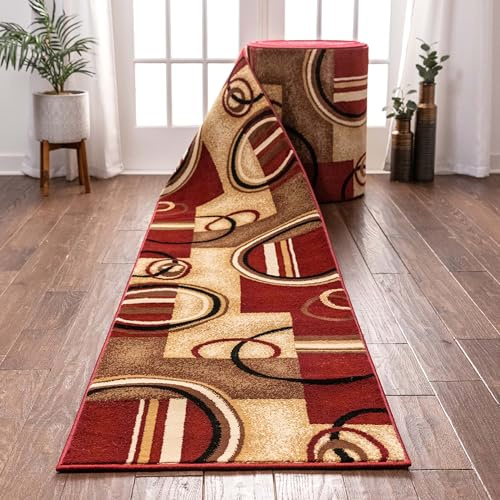 Well Woven Custom Size Hallway Stair Runner- Choose Length - Deco Rings Red Geometric Modern 26 Inch Wide x 6 Feet Long Runner (26 x 6') Abstract Color Block Carpet
