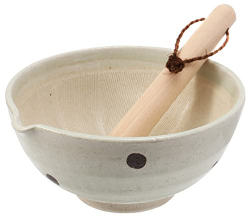 TIKUSAN Set di mortaio e pestello per ripple in ceramica (Suribachi & Surikogi) con beccuccio da 18 cm, prodotto in Giappone (bianco)