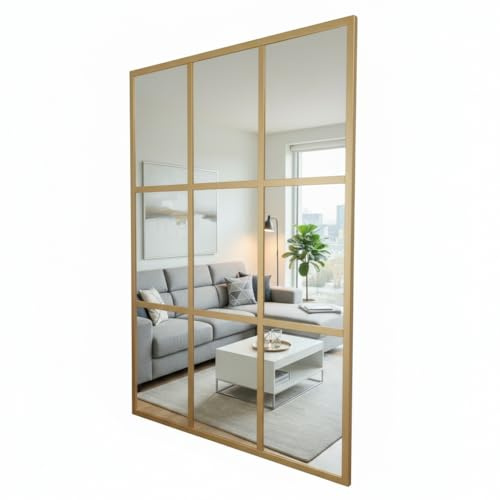 THEROSE Espejo Ventana Dorado, Espejo Industrial, Aluminio Oro, 120 x 80 cm