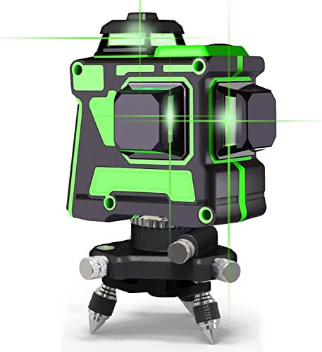 12 Lines Laser Level 3 x 360 Green Beam Straight/Tilt Line 3 Plane Cross Line Laser Self Balancing Rechargeable Rotary Base 3D Alignment IP54 Self Leveling Vertical/Horizontal Line Fine Tuning