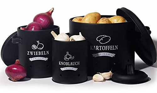 Theo&Cleo Kartoffel Vorratsdosen Set, Kartoffeltopf im Retro Design Zwiebeltopf, Großer Vorratsbehälter aus Metall, Küche Aufbewahrung, Kann Kartoffeln für eine Lange Zeit lagern (Schwarz-Set)