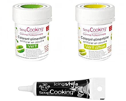 2 coloranti alimentari in polvere verde lime-verde + penna per glassa nera