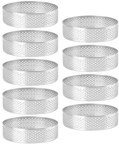 Frcctre 9 Pieces Round Cake Rings, 9 cm, Perforated Baking Mould, Stainless Steel, Non-Stick, Mousse Rings, Metal Pastry Cake Mould, Dessert Tool for Home